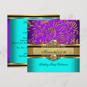 Elegant Teal Purple Gold Damask Birthday Party Invitation