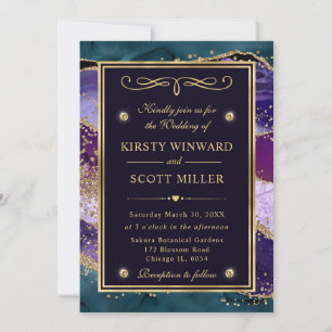 Elegant Teal, Purple & Gold Glitter Agate Wedding Invitation
