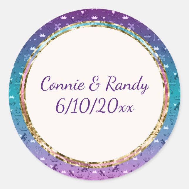 Elegant Teal Purple Gold Monogram Wedding Sticker (Front)