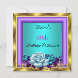 Elegant Teal Purple Gold Roses Birthday Party 4b Invitation