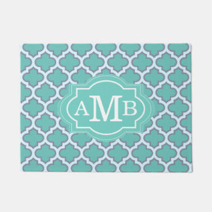 Elegant Teal Quatrefoil Pattern Custom Monogram Doormat