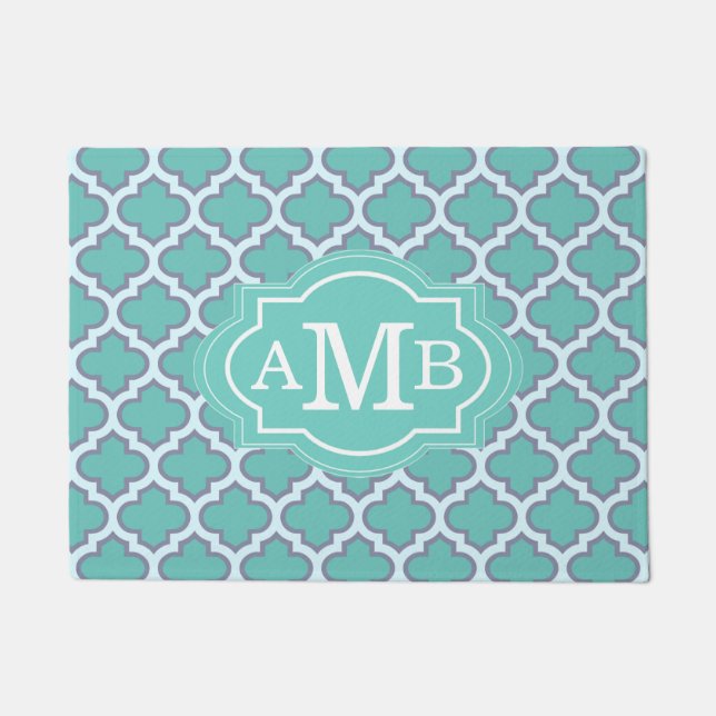 Elegant Teal Quatrefoil Pattern Custom Monogram Doormat (Front)