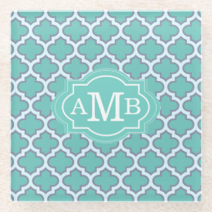 Elegant Teal Quatrefoil Pattern Custom Monogram Glass Coaster