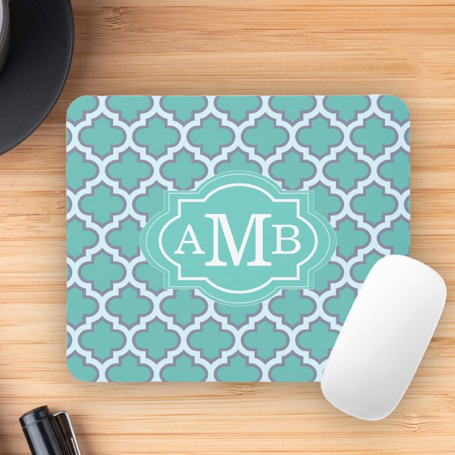 Elegant Teal Quatrefoil Pattern Custom Monogram Mouse Mat (Creator Uploaded)