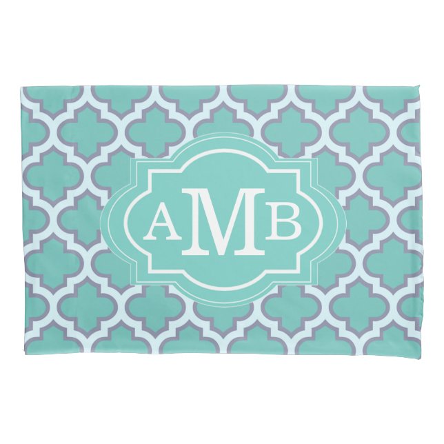 Elegant Teal Quatrefoil Pattern Custom Monogram Pillowcase (Front)