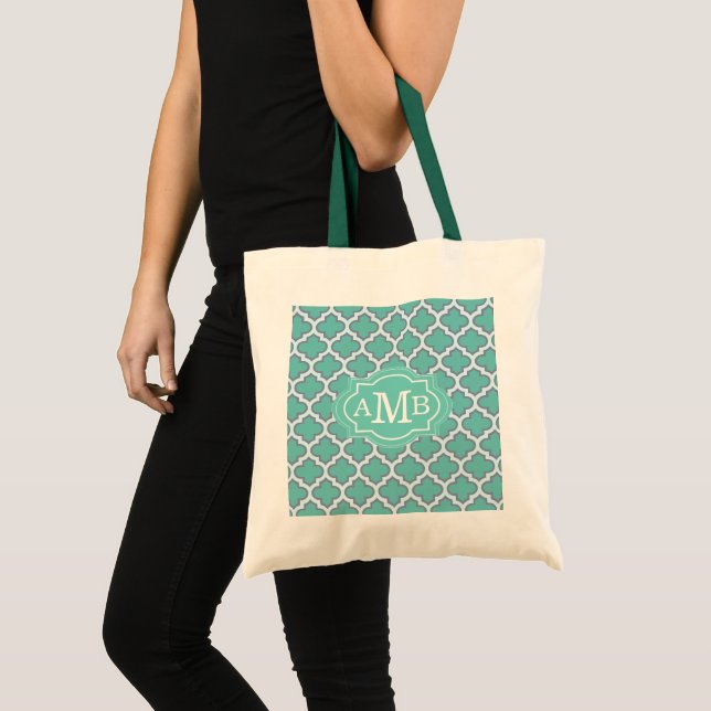 Elegant Teal Quatrefoil Pattern Custom Monogram Tote Bag (Front (Product))