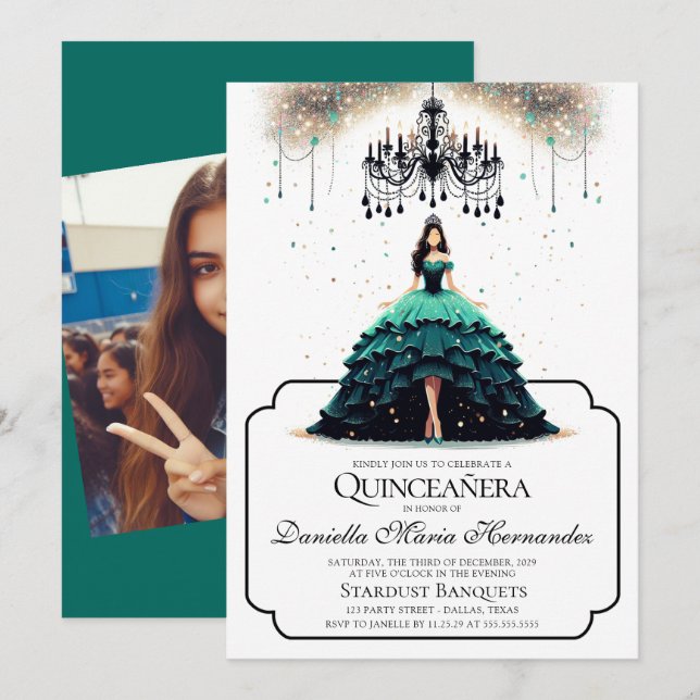 Elegant Teal Quinceañera Invitation (Front/Back)