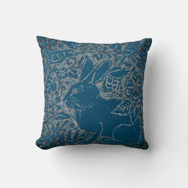 Elegant Teal Rabbit Bird Animal Floral Art Deco Cushion (Front)