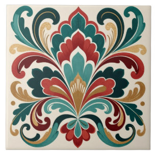 Elegant Teal–Red Ornamental Bloom Tile