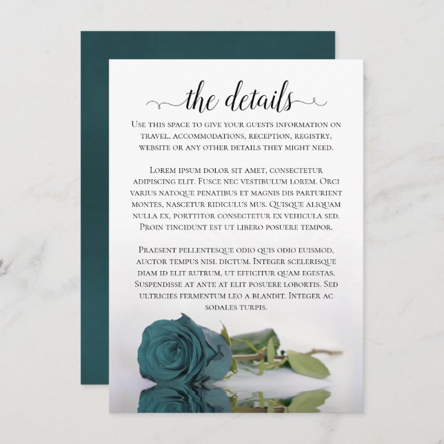 Elegant Teal Reflecting Rose Wedding Details Enclosure Card (Front/Back)