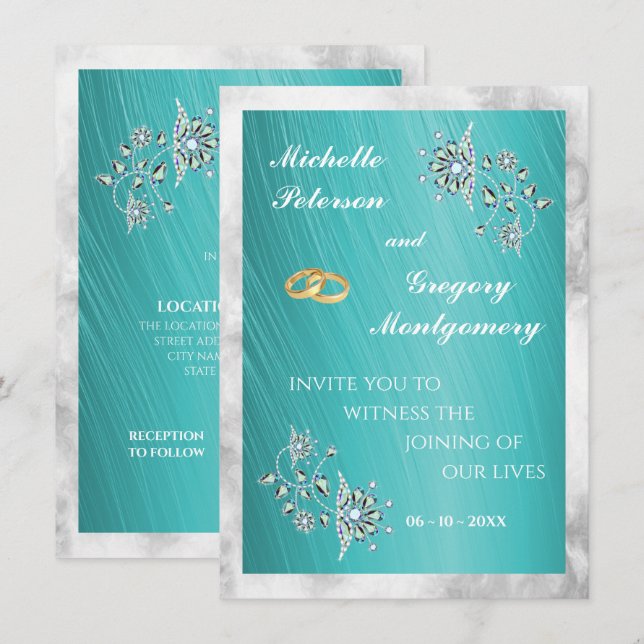 Elegant Teal Rhinestone & Marble Wedding Invitation (Front/Back)