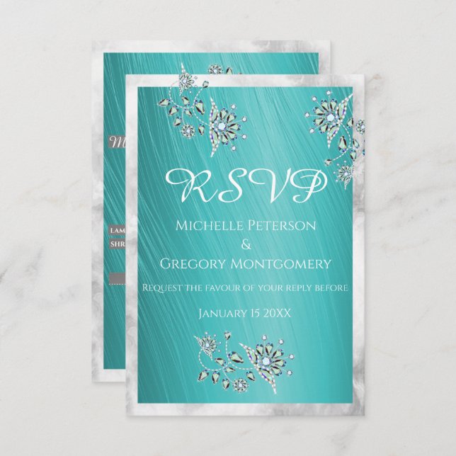 Elegant Teal Rhinetsone Jewel with Marble Border RSVP Card (Front/Back)