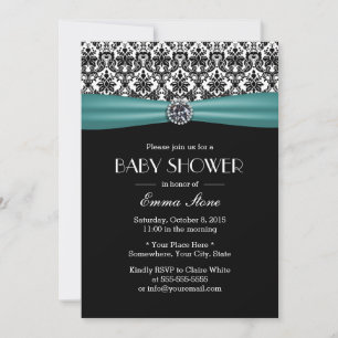 Elegant Teal Ribbon Damask Baby Shower Invitation
