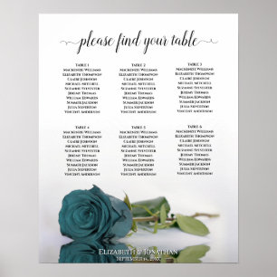 Elegant Teal Rose 6 Table Wedding Seating Chart