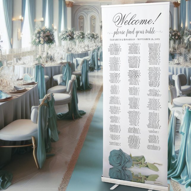 Elegant Teal Rose Alphabetical Seating Chart Retractable Banner (Creator Uploaded)