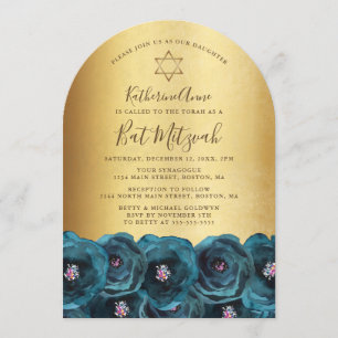 Elegant Teal Rose Floral Gold Bat Mitzvah Invitation