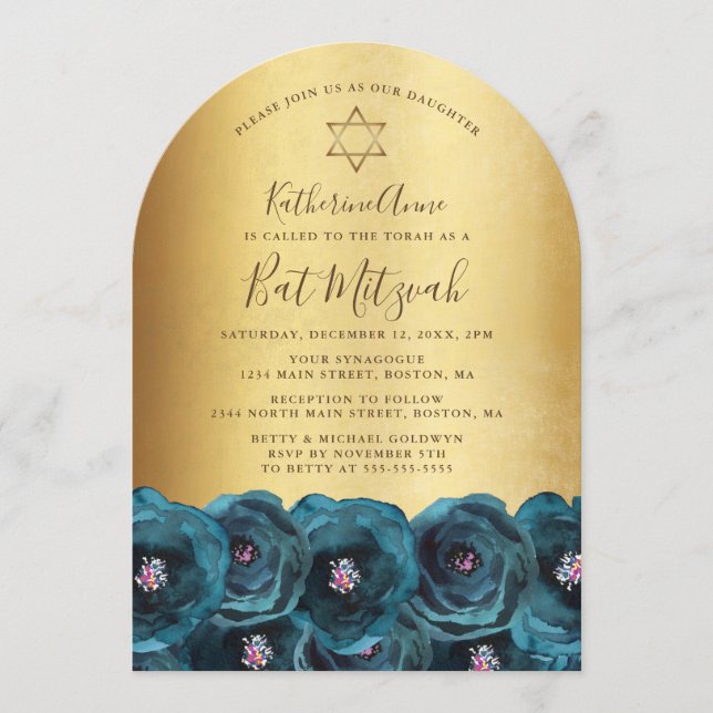 Elegant Teal Rose Floral Gold Bat Mitzvah Invitation (Front)