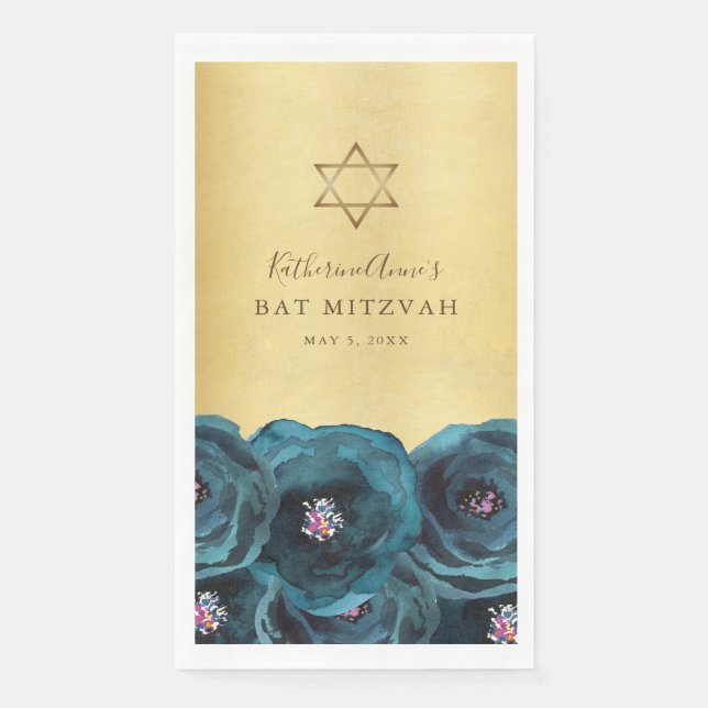 Elegant Teal Rose Floral Gold Bat Mitzvah Napkin (Front)