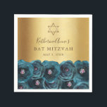 Elegant Teal Rose Floral Gold Bat Mitzvah Napkin<br><div class="desc">These elegant floral Bat Mitzvah paper napkins feature a border of teal roses painted in watercolor with a gold Star of David on a faux gold background with a name and date to personalise in modern script calligraphy. Designed by Susan Coffey.</div>