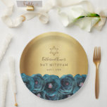 Elegant Teal Rose Floral Gold Bat Mitzvah Paper Plate<br><div class="desc">These elegant watercolor floral Bat Mitzvah paper plates feature a border of watercolor teal roses on a  gold background with a gold Star of David and a name and date in modern script typography to personalise. Designed by Susan Coffey.</div>