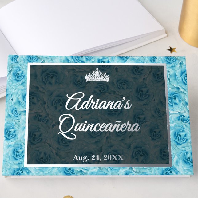 Elegant Teal Rose Floral Quinceanera Silver  Guest Book (Creator Uploaded)
