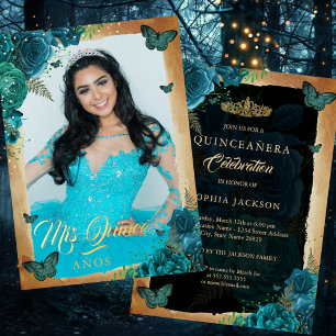 Elegant Teal Rose Gold Floral Photo Quinceanera 