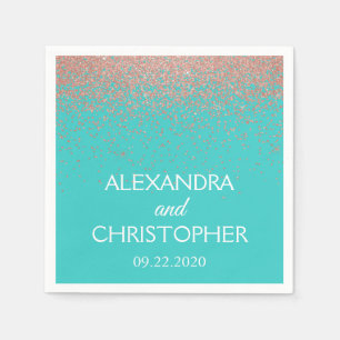 Elegant Teal & Rose Gold Glitter Confetti Wedding Napkin