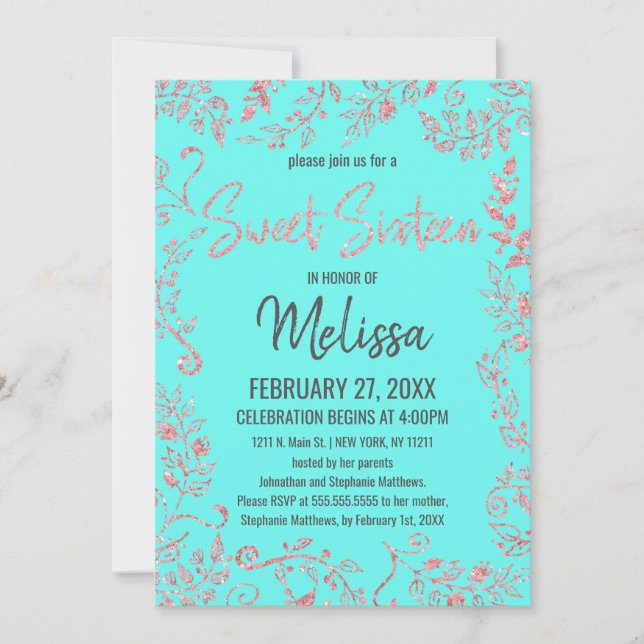 Elegant Teal Rose Gold Glitter Floral Sweet 16 Invitation (Front)