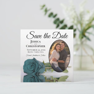 Elegant Teal Rose on White with Oval Photo Wedding Save The Date
