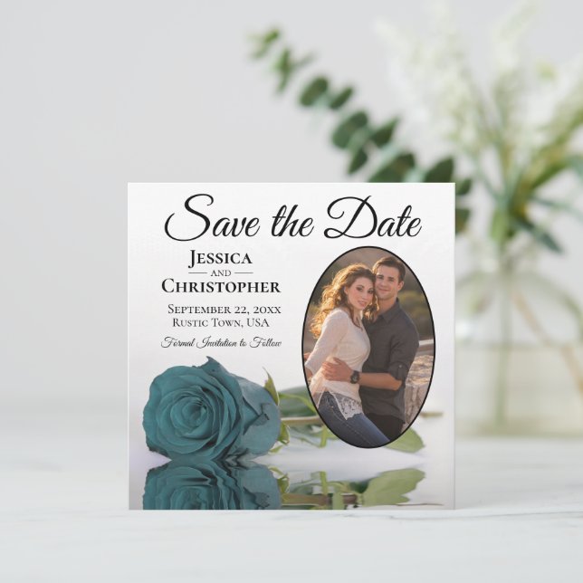 Elegant Teal Rose on White with Oval Photo Wedding Save The Date (Standing Front)