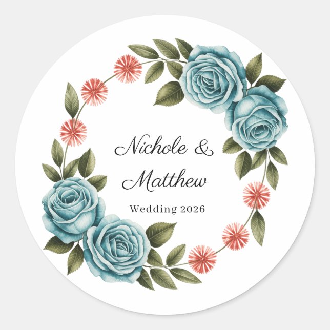 Elegant Teal Rose & Orange Daisey Wedding Classic Round Sticker (Front)