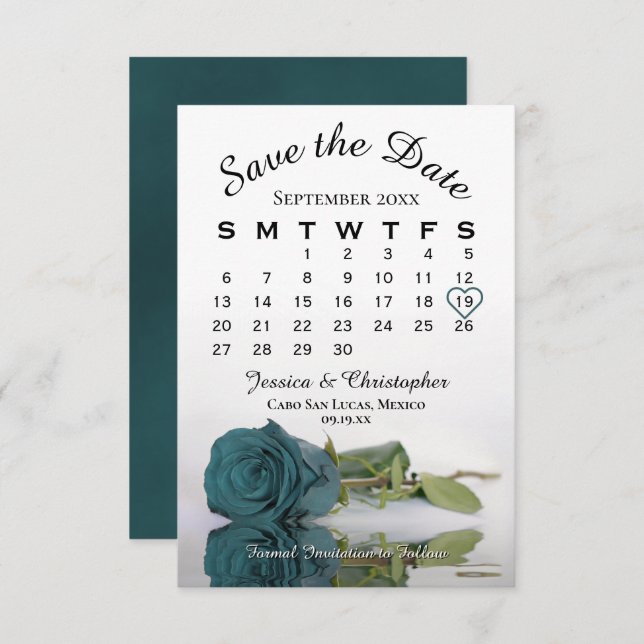 Elegant Teal Rose Romantic Wedding Calendar Save The Date (Front/Back)
