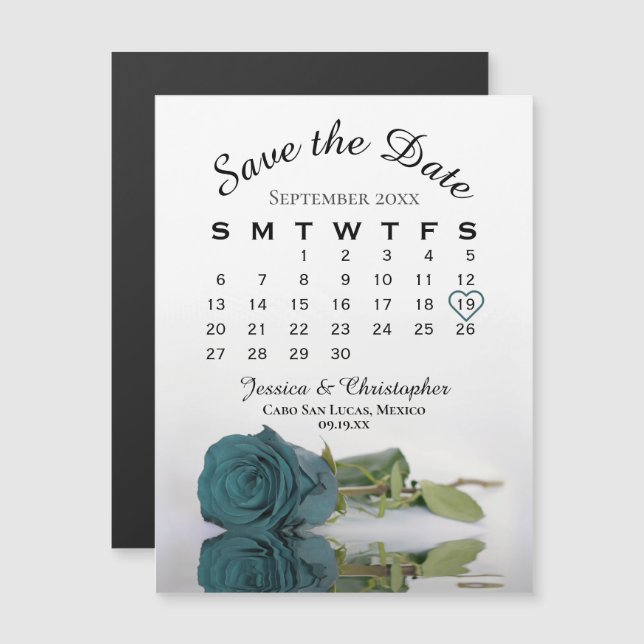 Elegant Teal Rose Save the Date Calendar Magnet (Front/Back)