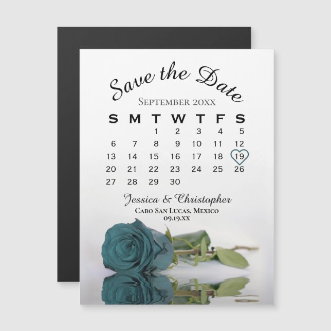 Elegant Teal Rose Save the Date Calendar Magnet (Front/Back)
