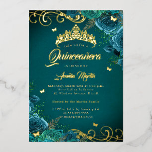 Elegant Teal Rose Swirl Gold Quinceanera