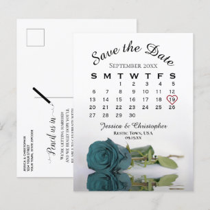 Elegant Teal Rose Wedding Calendar Save the Date Announcement Postcard