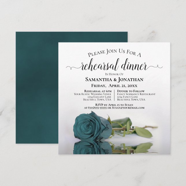 Elegant Teal Rose Wedding Rehearsal & Dinner Invitation (Front/Back)