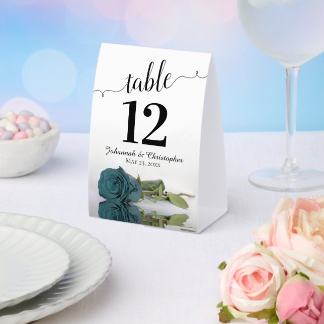 Elegant Teal Rose Wedding Table Number (Insitu(Wedding))