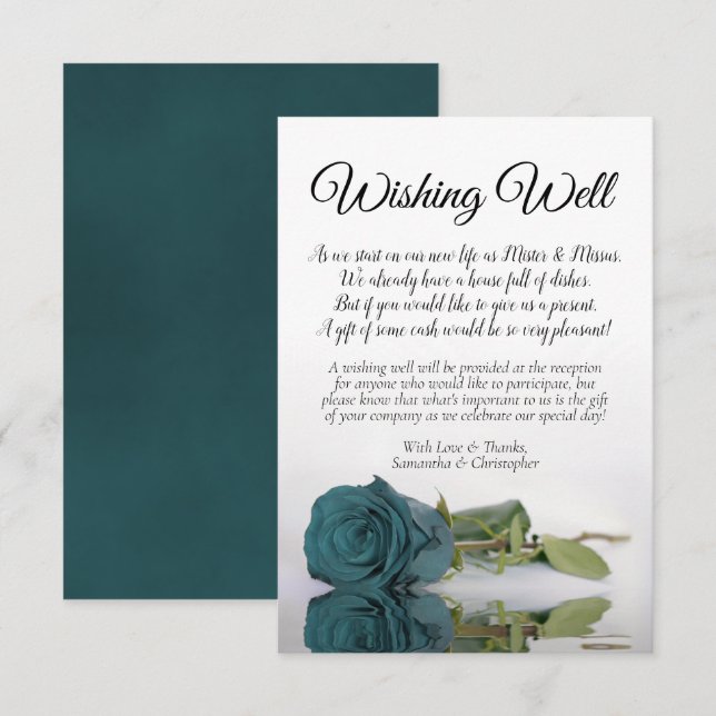 Elegant Teal Rose Wedding Wishing Well Poem Enclosure Card (Front/Back)