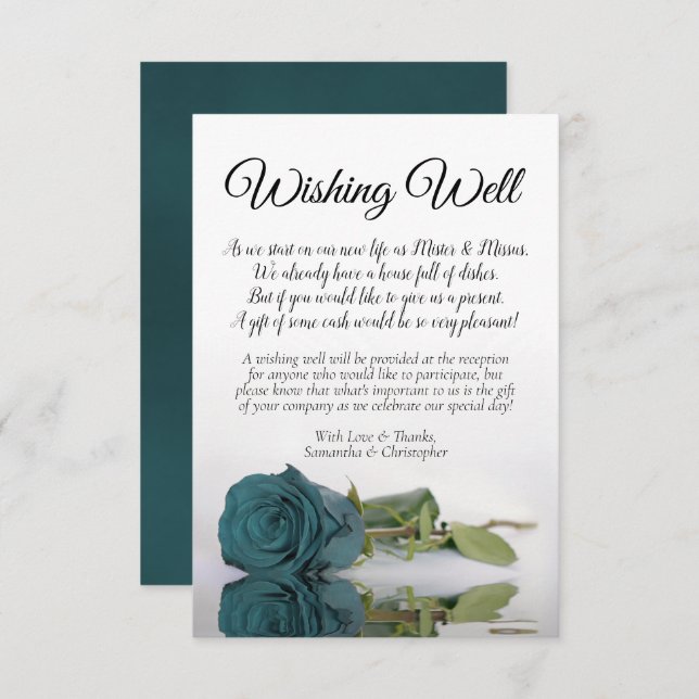 Elegant Teal Rose Wedding Wishing Well Poem Enclosure Card (Front/Back)
