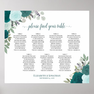 Elegant Teal Roses 7 Table Wedding Seating Chart