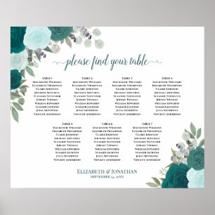Elegant Teal Roses 7 Table Wedding Seating Chart