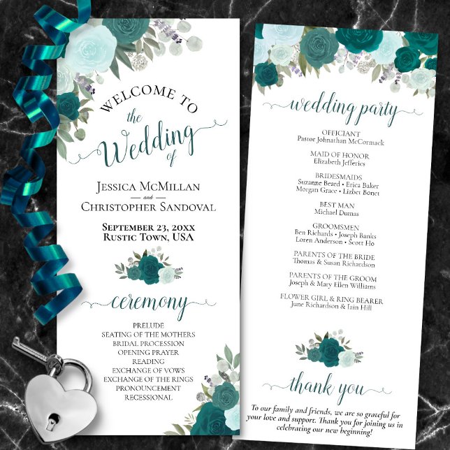 Elegant Teal Roses Boho Watercolor Floral Wedding Programme (Frong/Back)