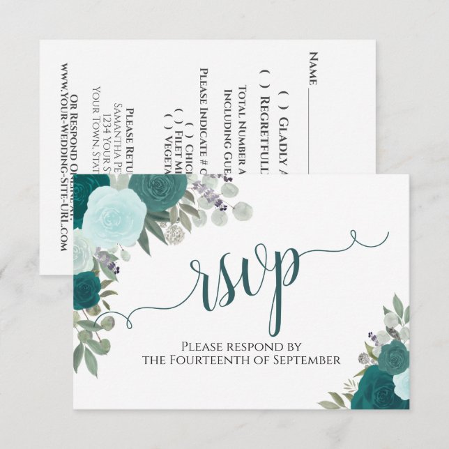 Elegant Teal Roses Floral Calligraphy Wedding RSVP Card (Front/Back)