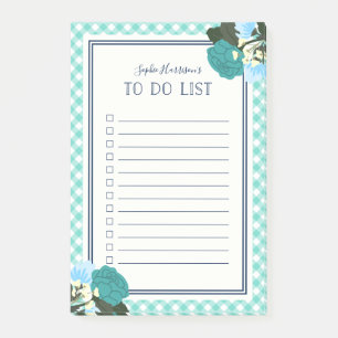 Elegant Teal Roses Floral Gingham To Do List Post-it Notes