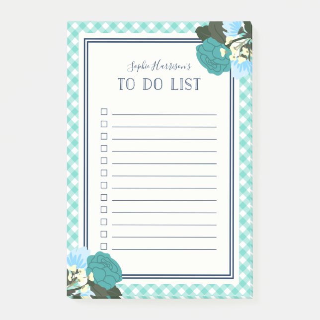 Elegant Teal Roses Floral Gingham To Do List Post-it Notes (Front)