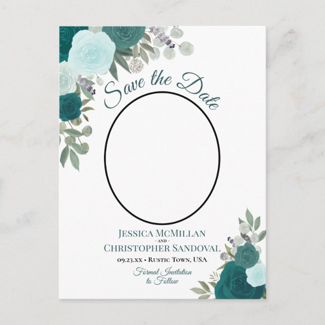 Elegant Teal Roses & Photo Wedding Save the Date Announcement Postcard (Front)