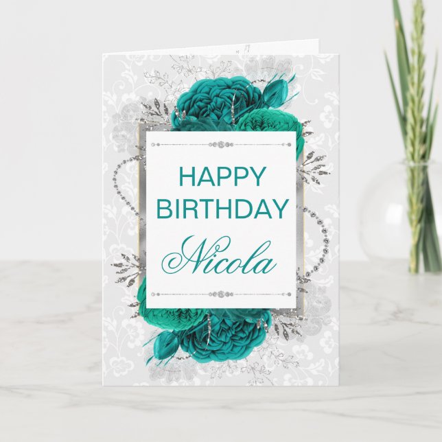 Elegant Teal Roses & Silver Glitter Birthday Card (Front)
