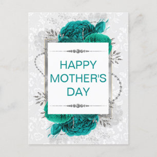 Elegant Teal Roses & Silver Glitter Mother's Day Postcard