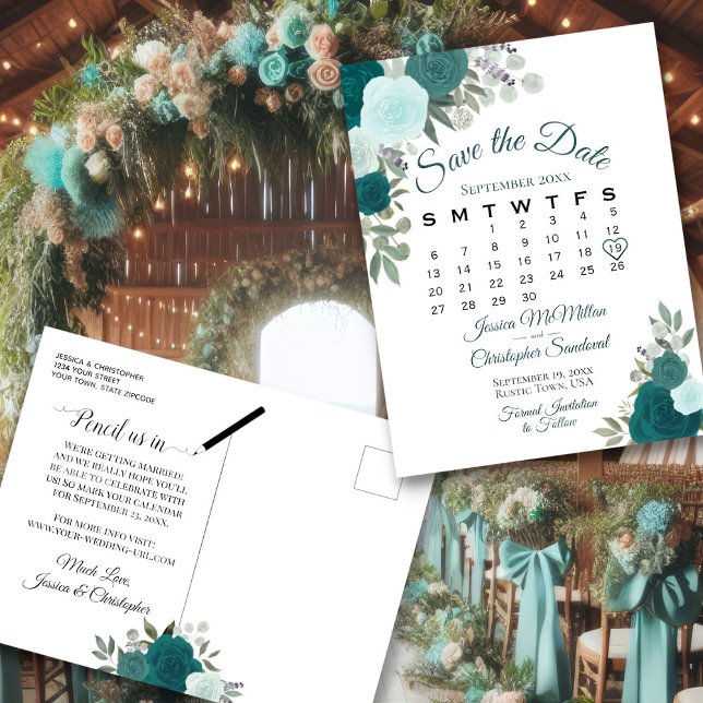 Elegant Teal Roses Wedding Save the Date Calendar Announcement Postcard (Creator Uploaded)